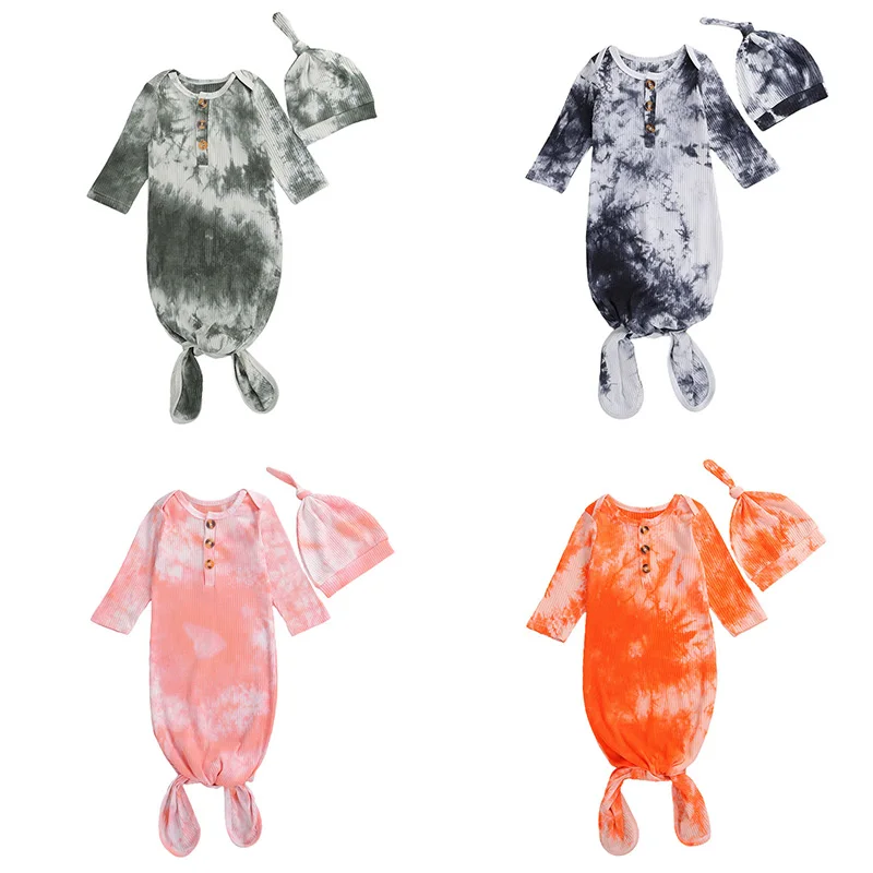 

2020 Baby Sleeping Bags+Hat Newborn Baby Unisex Cotton Swaddle Wrap Blanket Long Sleeve Ribbed Tie Dyeing Sleeping Bag 2Pcs Sets