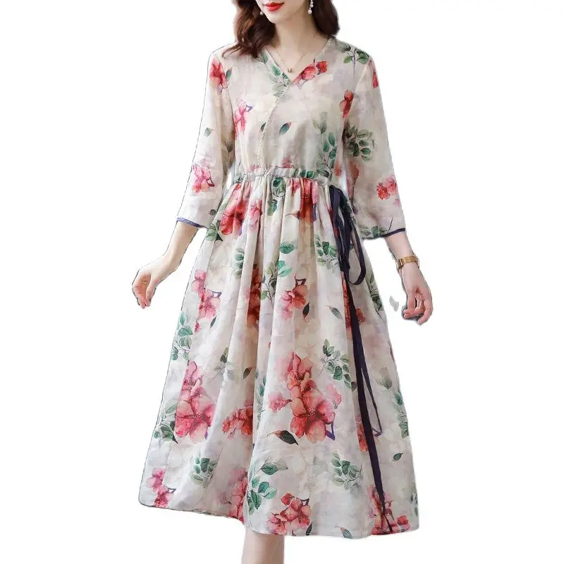 

2021 Spring Elegant Vintage Red Floarl Cotton Linen Midi Dress Autumn Casual M-3XL Plus Size Dresses Women Party Vestidos