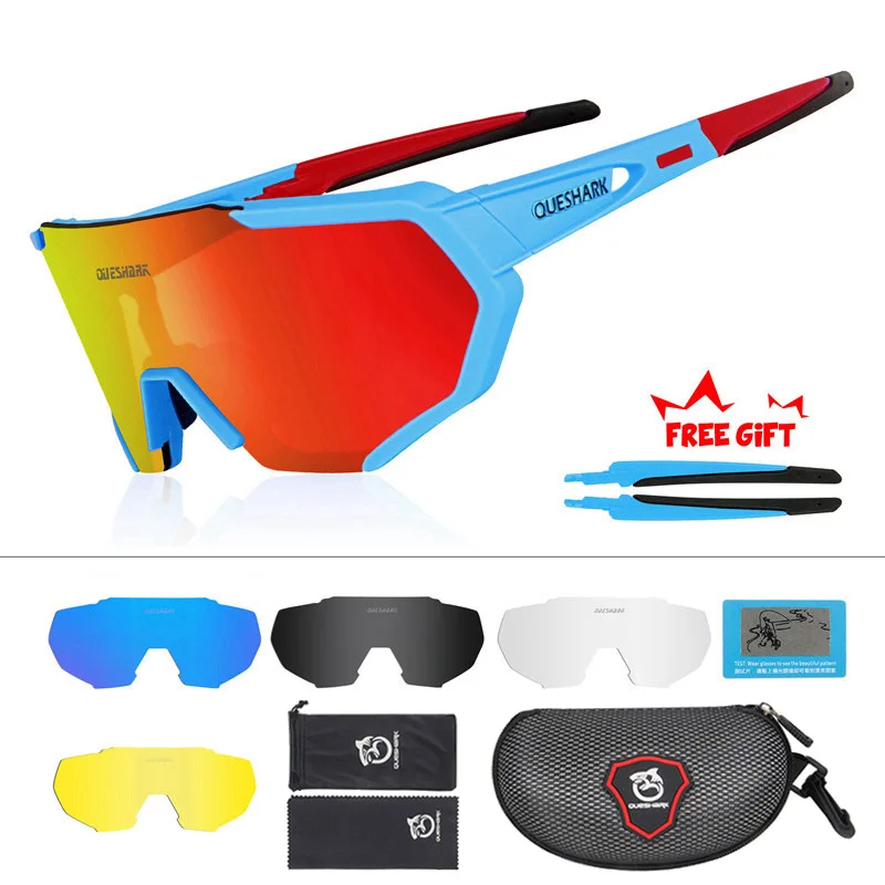 QUESHARK дизайн поляризованных велосипедные очки для мужчин Для женщин велосипед очки велосипедные очки 5 линзы зеркальные UV400 очки - Цвет: As Picture Showed
