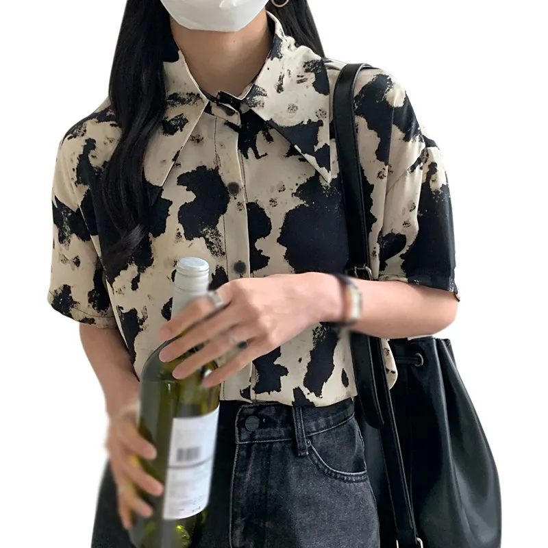 

Summer Short Sleeve Print Shirts Hong Kong Women Casual Loose Chiffon Blouses Tops