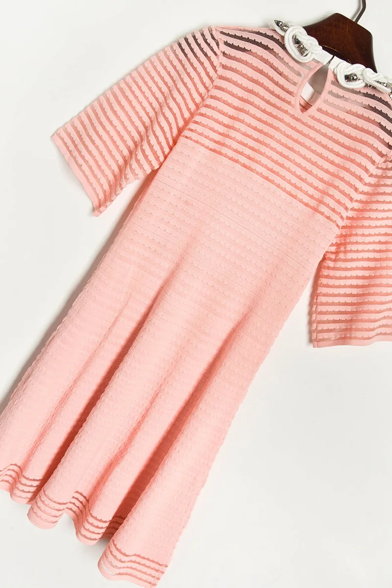 

Sexy Mini Short Casual High Waist Dress Hollow Out Knitted O-neck Beading Short Sleeve Summer Pink Sweet Slim Elegant Dresses
