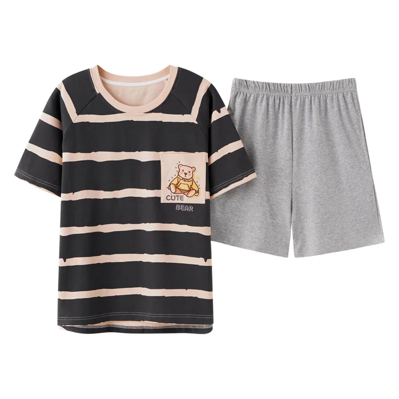 

with Shorts Mens Cotton Loungewear Home Suit Cotton Short Sleeve Suit Female Plus Size Pijama Mujer Two Piece Set Couple Pajamas