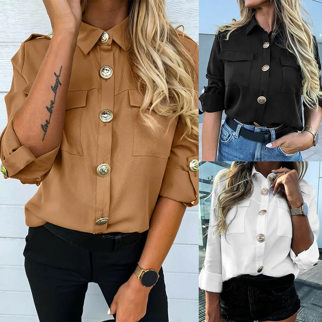 Женская блузка с длинным рукавом однотонная Повседневная Блузка на пуговицах