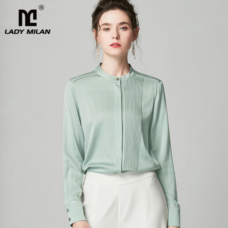 100% чистый шелк Женские рубашки О образный вырез плиссированная окантовка с