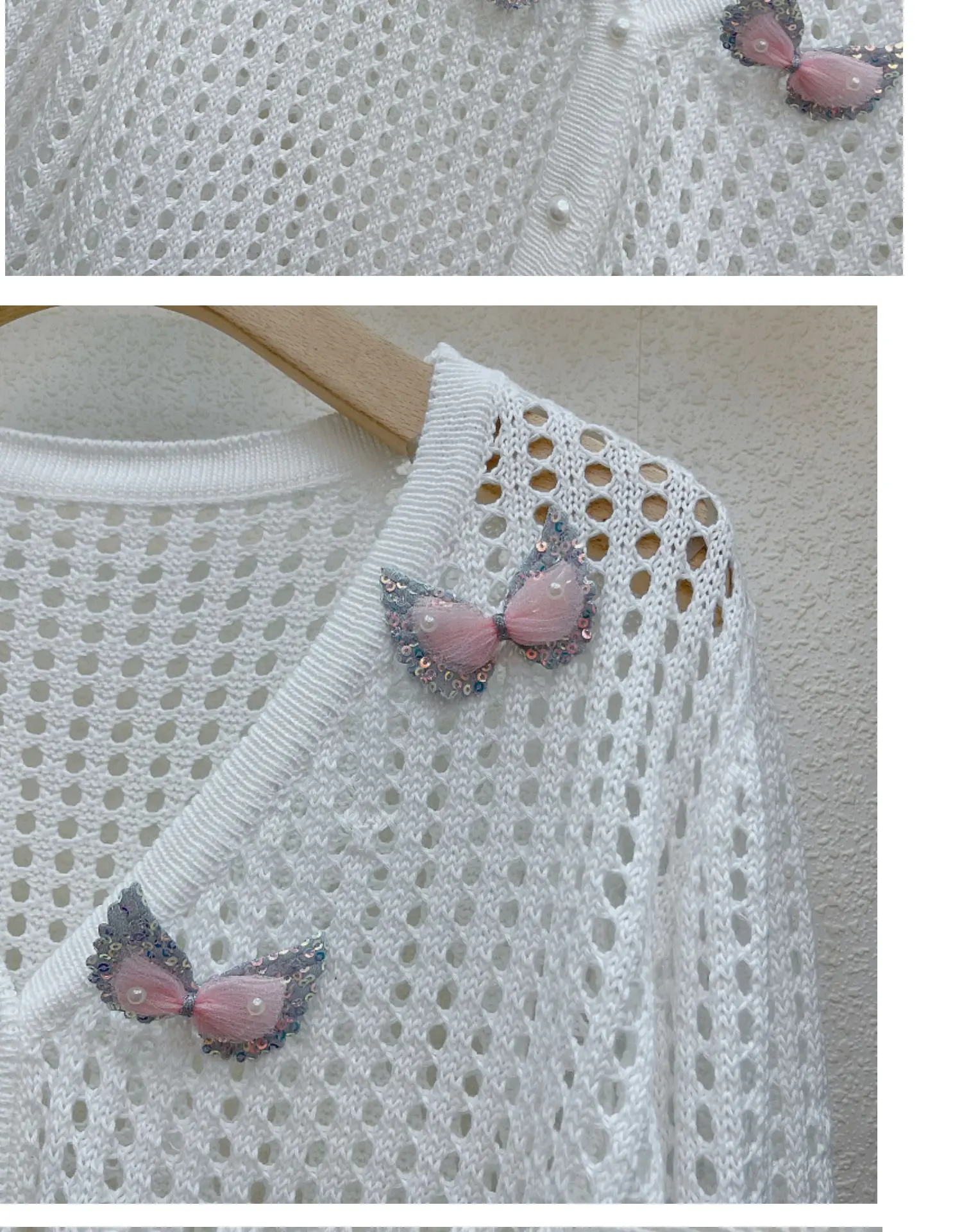 

Sequined Bow Hollow-out Slim Knitted Cardigan for Women 2021 Summer New Fashion V-neck Long Sleeve Thin Top Female