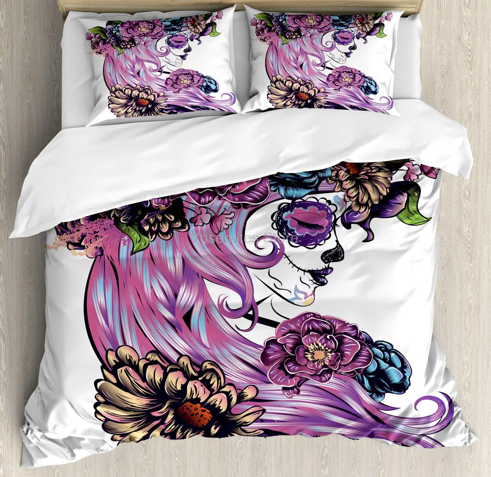 

Gothic Duvet Cover Set, Day of Dead Illustration with Sugar Skull Girl in Flower Wreath, Decorative 3 Piece Bedding Set with 2