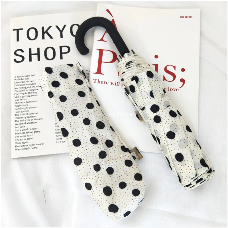 Новый зонт в японском стиле горошек с изогнутым крючком складной тройного