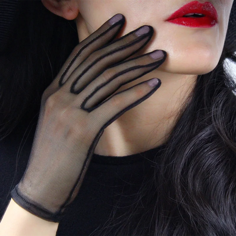 Женские черные шелковые короткие перчатки кружевные сетчатые марлевые ультра