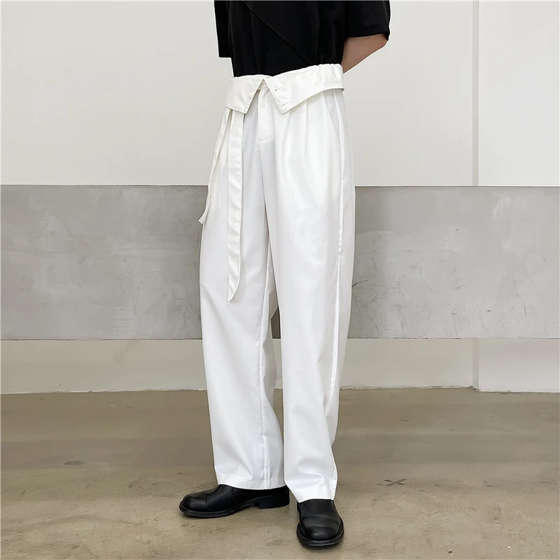 Men Straight Pants Spring And Autumn New Korean Personality Folding Waist Design Fashion Popular Youth Leisure Loose Pants