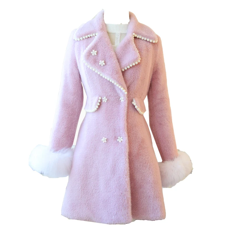 Пальто женское Шерстяное Leiouna с отложным воротником двубортное из 2021 норки