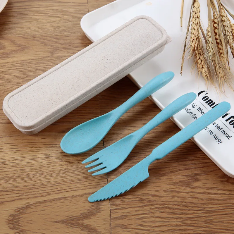 

3pcs/set Travel Cutlery Portable Cutlery Box Japan Style Wheat Straw Knife Fork Spoon Student Dinnerware Sets Kitchen Tableware
