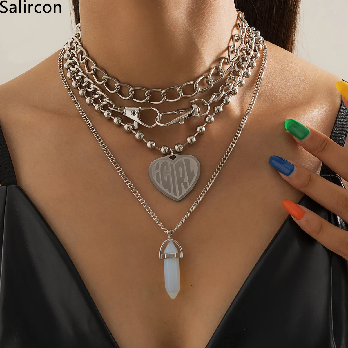 

Geometric Heart Cristal Pendant Necklace For Women Men Punk Multi Layer Statement Short Collar Clavicle Chain New Gothic Jewelry