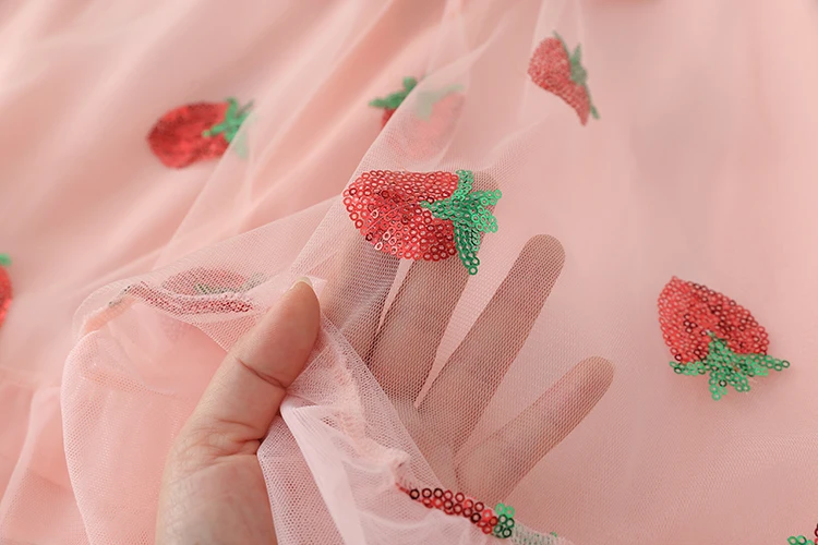 

Pink Mesh Dress Women Summer 2021 Fruit Sequined Dress Fashion Party Ruffle Hem Lace Up V Neck Mid-calf Dress Vestidos Mujer