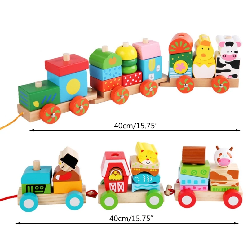 

Kids Wooden Pull Along Train Stacking Building Block Baby Early Educational Toy