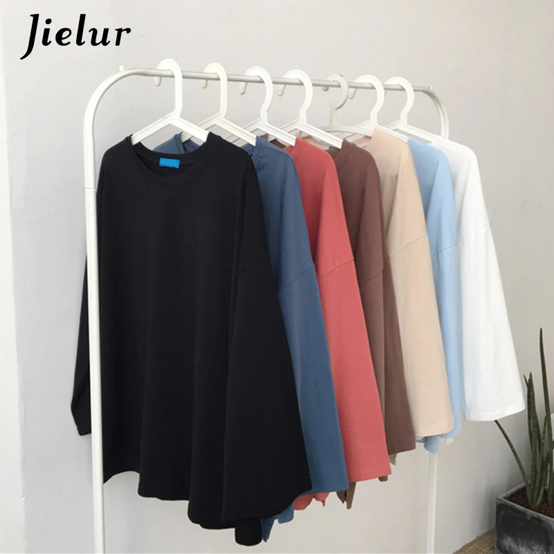 Jielur футболка женская 7 Цвет высокого качества в стиле Harajuku футболка Для женщин Flare рукавом базовый корейский топ женский с длинным рукавом белая женская футболка