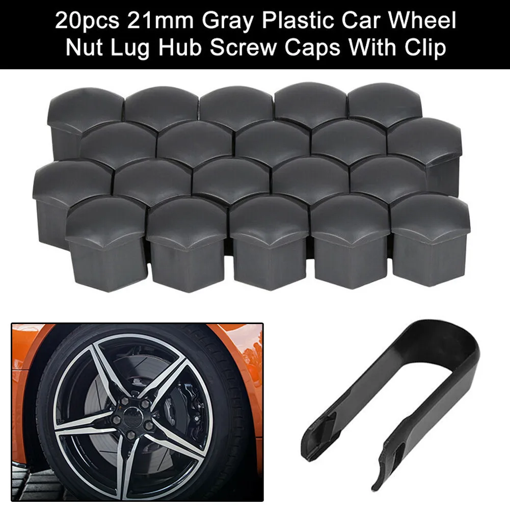 

20 Pcs Wheel Lug Cover 21mm W/ 1* Black Clip Anti-Rusting Bolt Gray Hub