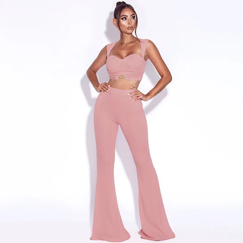 JaneVini Knitted Sexy Women Sleeveless Buckle Tank+Flare Long Pants Two Piece Sets Solid Crop Top Outfit Club Party Matching Set