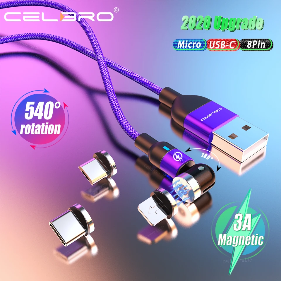 Магнитный кабель 3 А вращающийся на 540 ° Micro USB Type C для быстрой зарядки провод Samsung