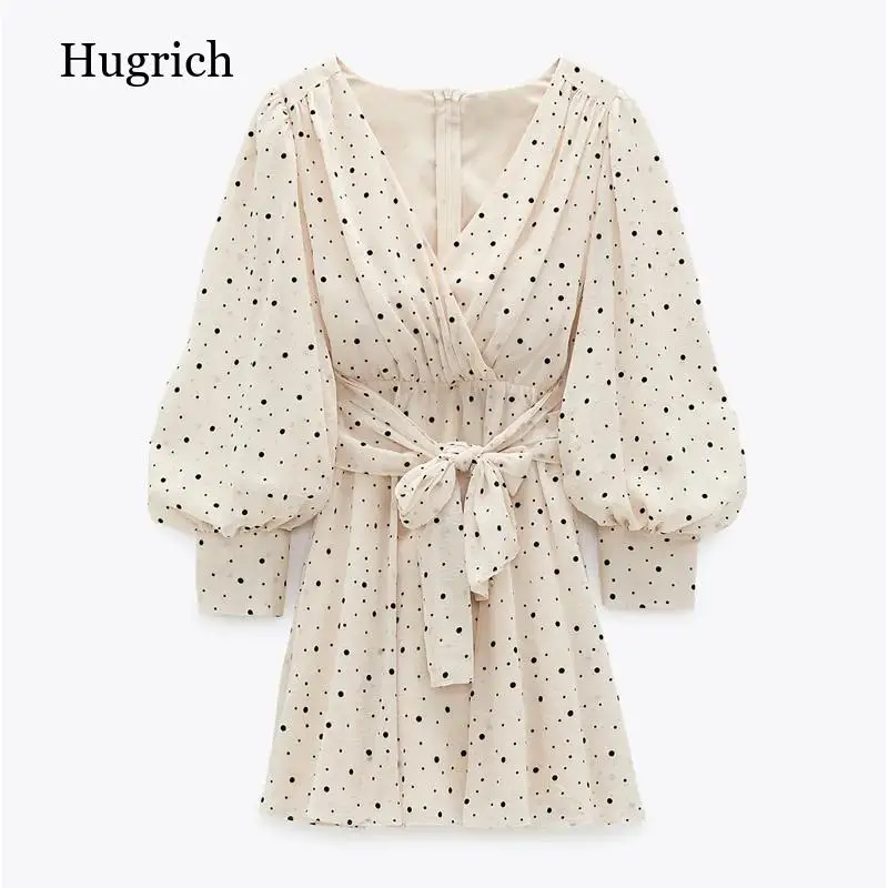 

Dress Woman 2021 Polka Dot Mini Dress Long sleeve V-neckline Zip fastening White Women's Dresses for Summer