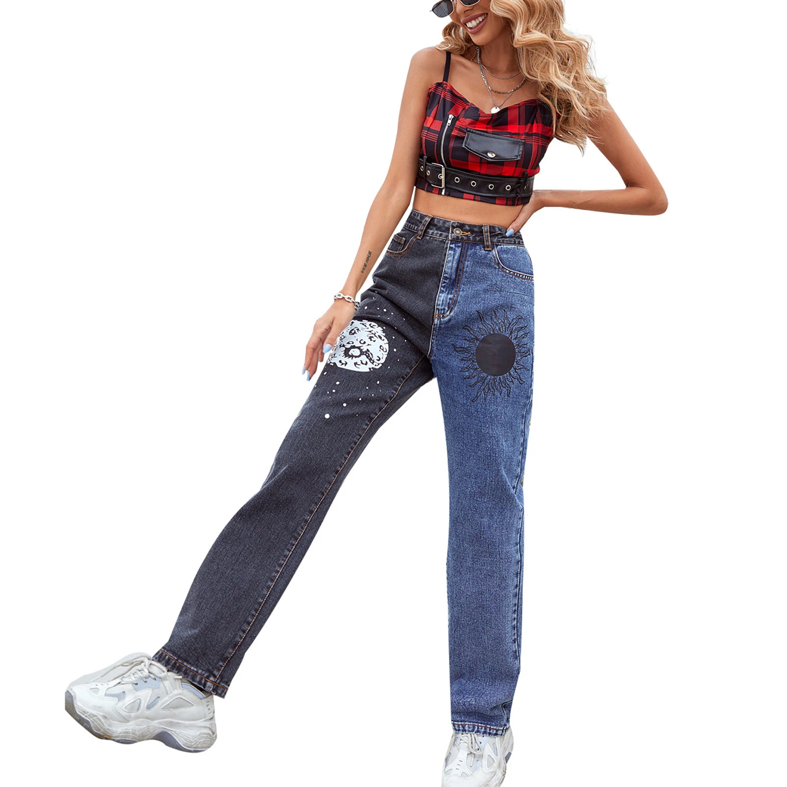 Women Variegated Color Jeans with Pockets High Waist Straight-leg Trousers XS/ S/ M/ L |