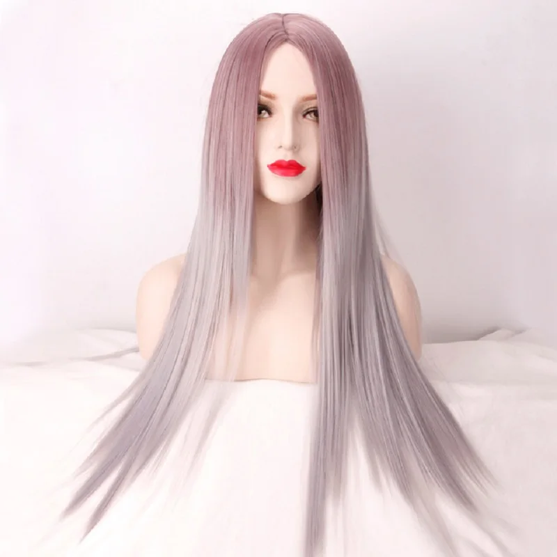 

80cm long straight Middle Part Wig red gray gradual Synthetic Hair Halloween party Carnival Cosplay Wigs Heat Resistant Fiber