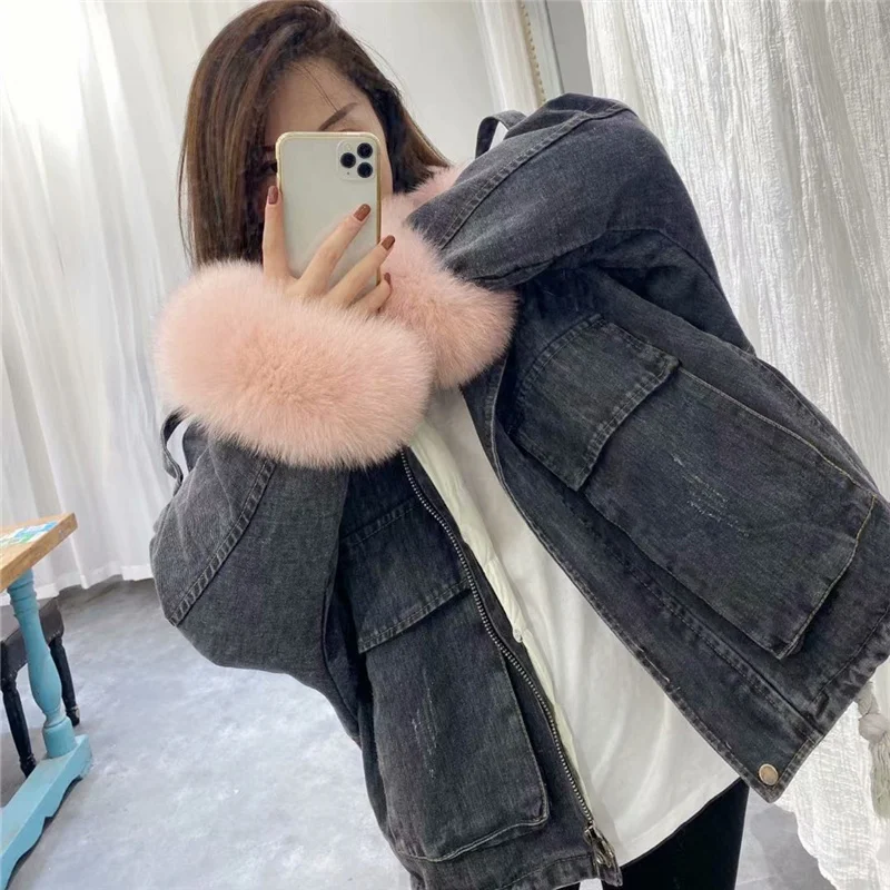 Winter Women Natural rex rabbit lined with fox fur collar denim jacket parka winter warm FUR coat Women's jacket