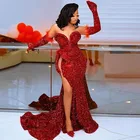 Женское вечернее платье с блестками, красное платье для выпускного вечера с разрезом сбоку, черное платье для девушек со съемными рукавами, без перчаток