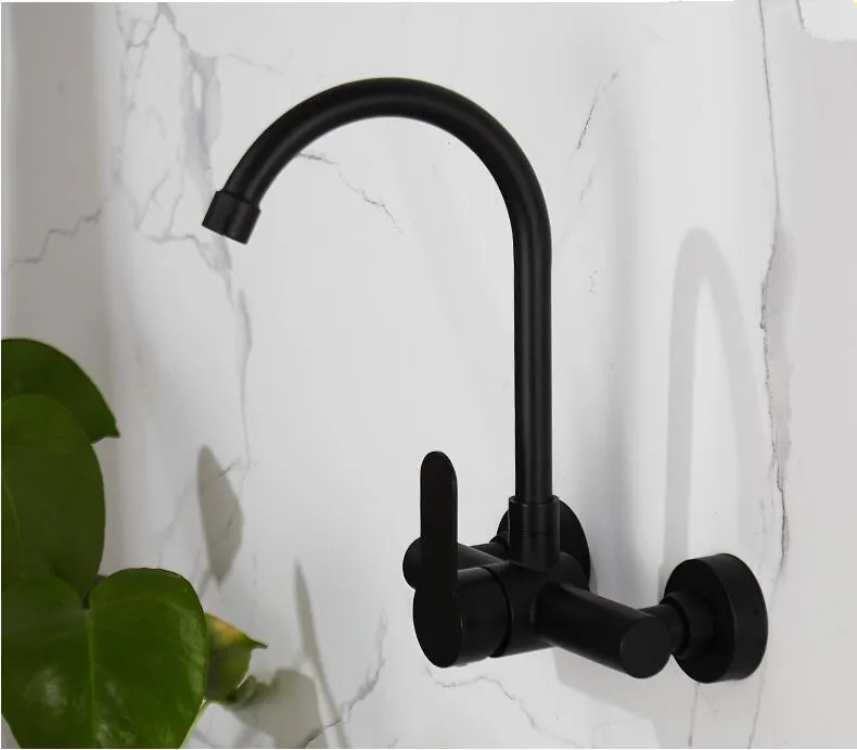 Stainless steel Wall Mounted Kitchen Faucet Kitchen Mixers Kitchen Sink Tap 360 Degree Swivel Flexible Hose Double Holes - Color: Chrome