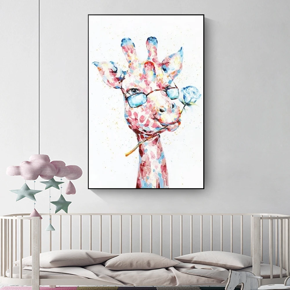Красно-голубая Настенная картина с изображением пары жирафов на стену забавная