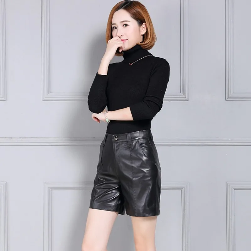 Genuine Leather Fashion Womens Shorts Streetwear High Waist Casual Stretchy Trousers Punk Comfort High Quality Pantalon Female