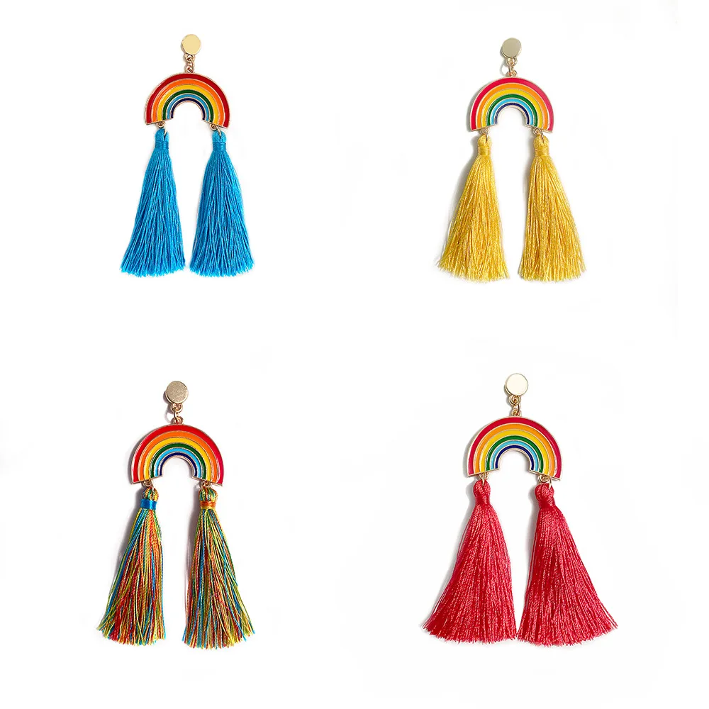 

2021 NEW Inspired Rainbow Colorful Slik Tassel Dangle Drops Earrings for Women U Tassel Drop Earrings
