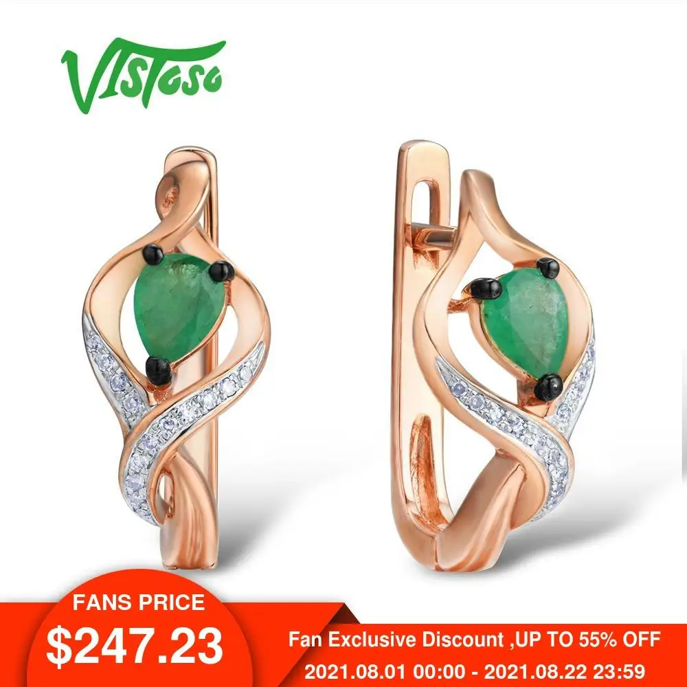 Женские Золотые сережки с изумрудами VISTOSO розовое золото 14 к 585 пробы со
