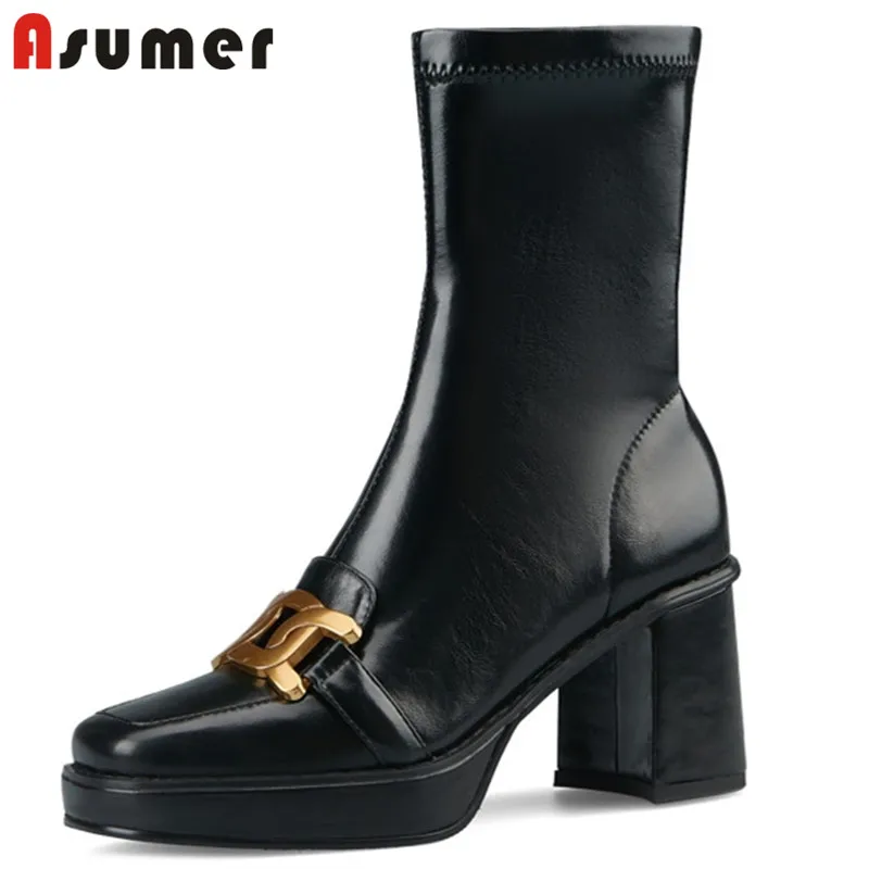 

Asumer 2022 Big Size 41 High Heels Platform Boots Women Shoes Square Toe Metal Decoration Zipper Vintage Slim Ankle Boots Women