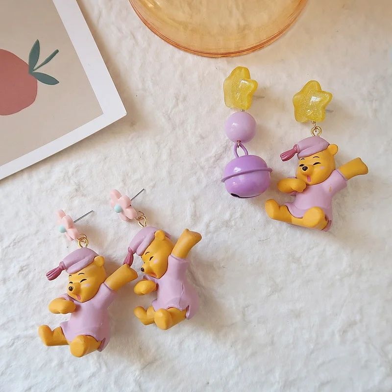Winnie The Pooh Purple Cute Women Fashion Earrings Anime Accessories Asymmetry Bells Ear Pendants Flower Cosplay Decoration