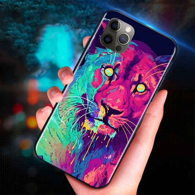 

Phone Case For iPhone 7 8 Plus 6 6S Plus 12 Pro MAX Funda Coque Carcasa Lion Tiger Cat Painting Lion Animal Painting