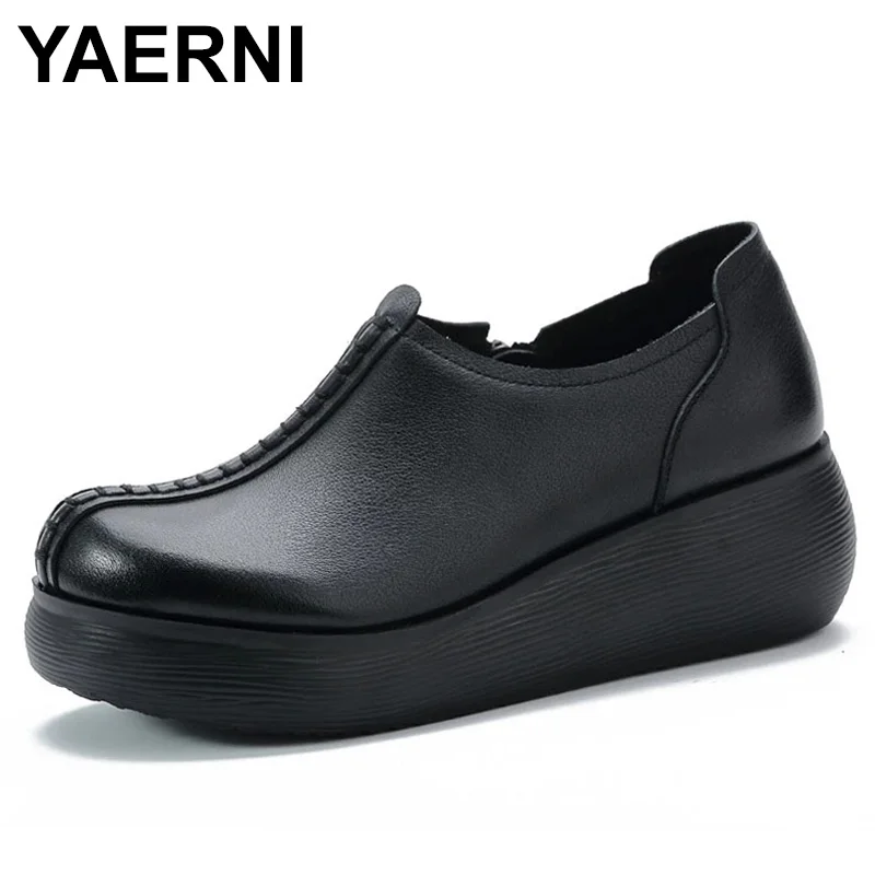 

YAERNI 2021 Spring New Light Comfortable Slope Heel Platform Shoes Round Toe Genuine Leather Shoes Casual Shoes High Heels Black