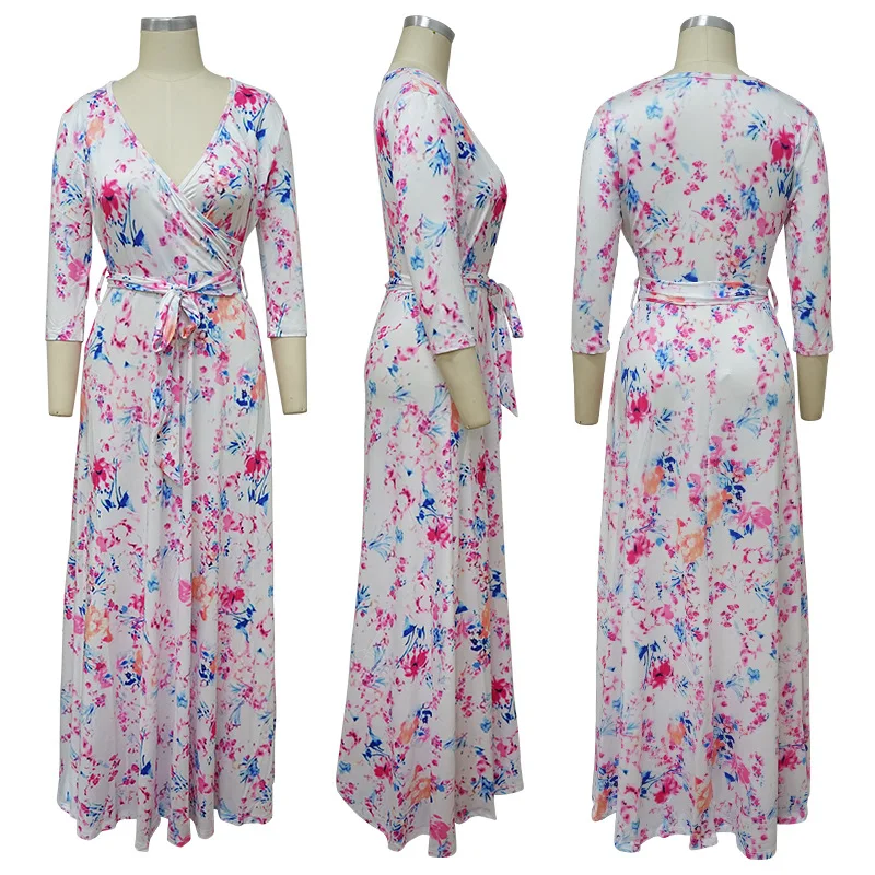 

Donsignet Fashion Women's Dress New Summer Casual Hot Sale V-neck Pullover Printed Bohemian Floral Lotus Leaf Long-sleeved Dress