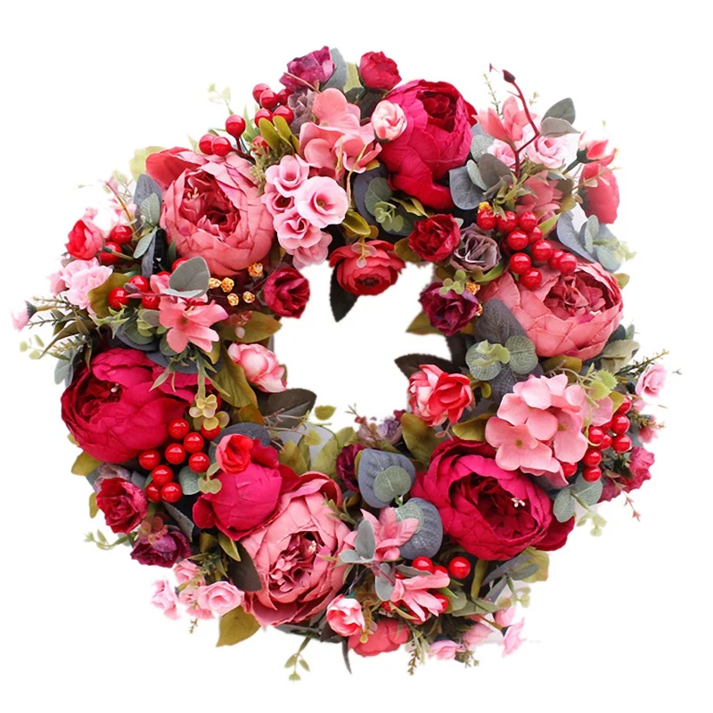 

FashionDecorative Door Wreath,Silk Flower Peony Head Flower Wreath 40cm Handmade Garland for Autumn Winter Outdoor Display Red