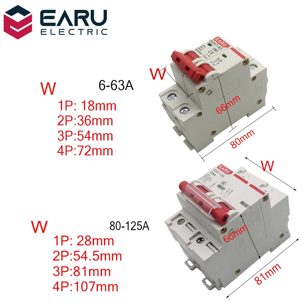 DZ47 400V 1-4P 3-125A C Type Mini Circuit Breaker MCB Short Overload Circuit Protector 35mm Din Rail Mount Breaking Capacity 6KA