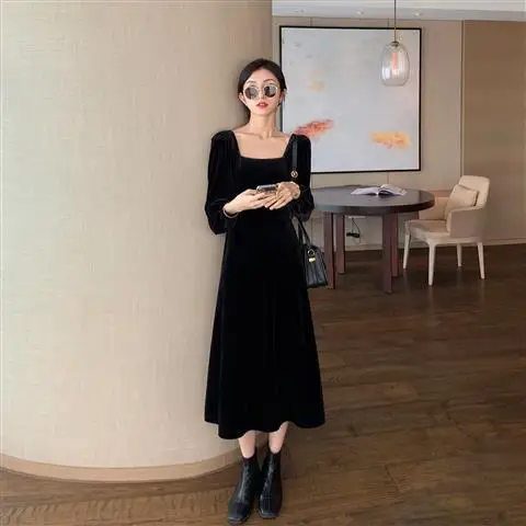 

Velvet Skirt Woman Square-Neck Puff Sleeve Dress Autumn Winter Skirt Vintage Dress Dresses for Women Vestido De Mujer