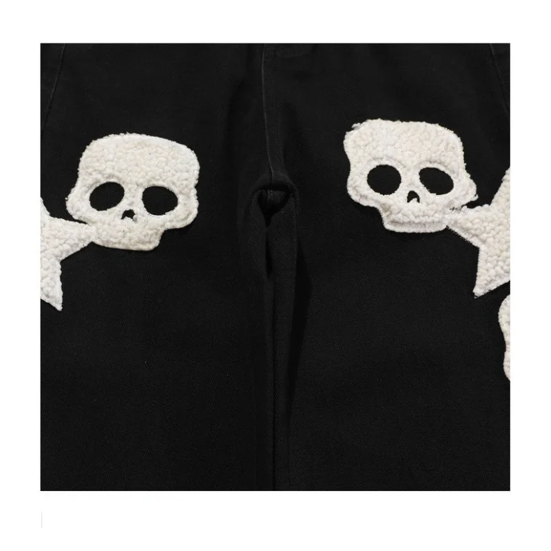 2021 Korean Fashion Skull Towel Embroidery Straight Men Hip Hop Jeans Pants Black Women Casual Denim Trousers Pantaloni Uomo