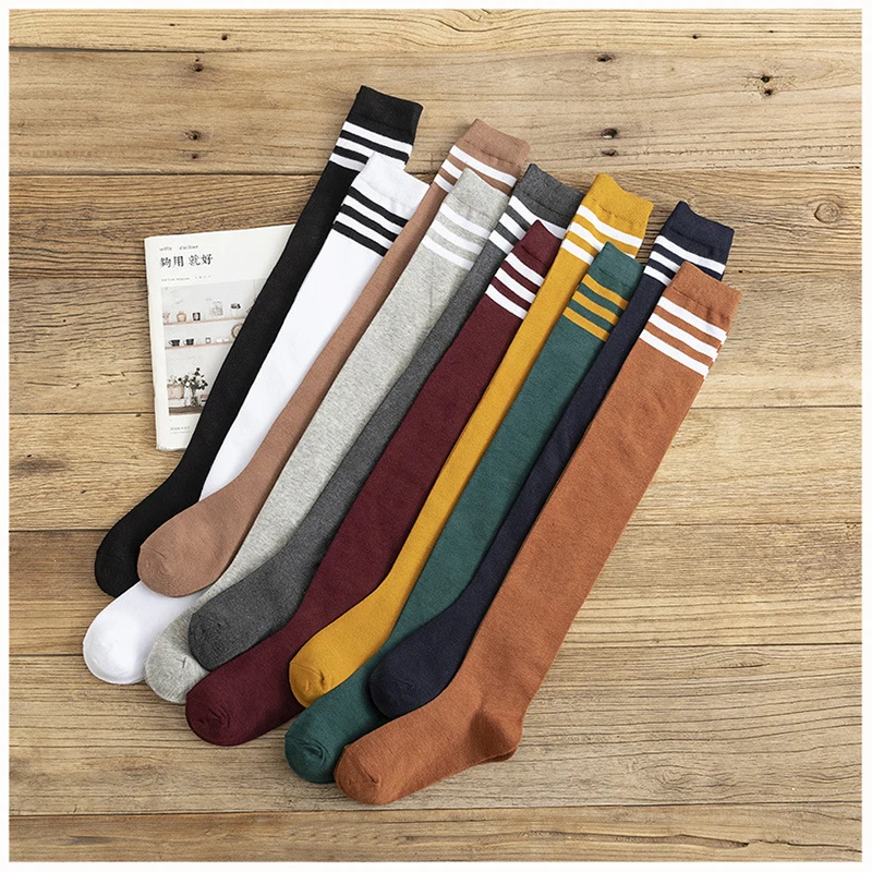 

Autumn College Student Leg Socks Solid Color Stripe Pure Cotton Knee Warm Socks Women's Stockings Lolita Medium Socks
