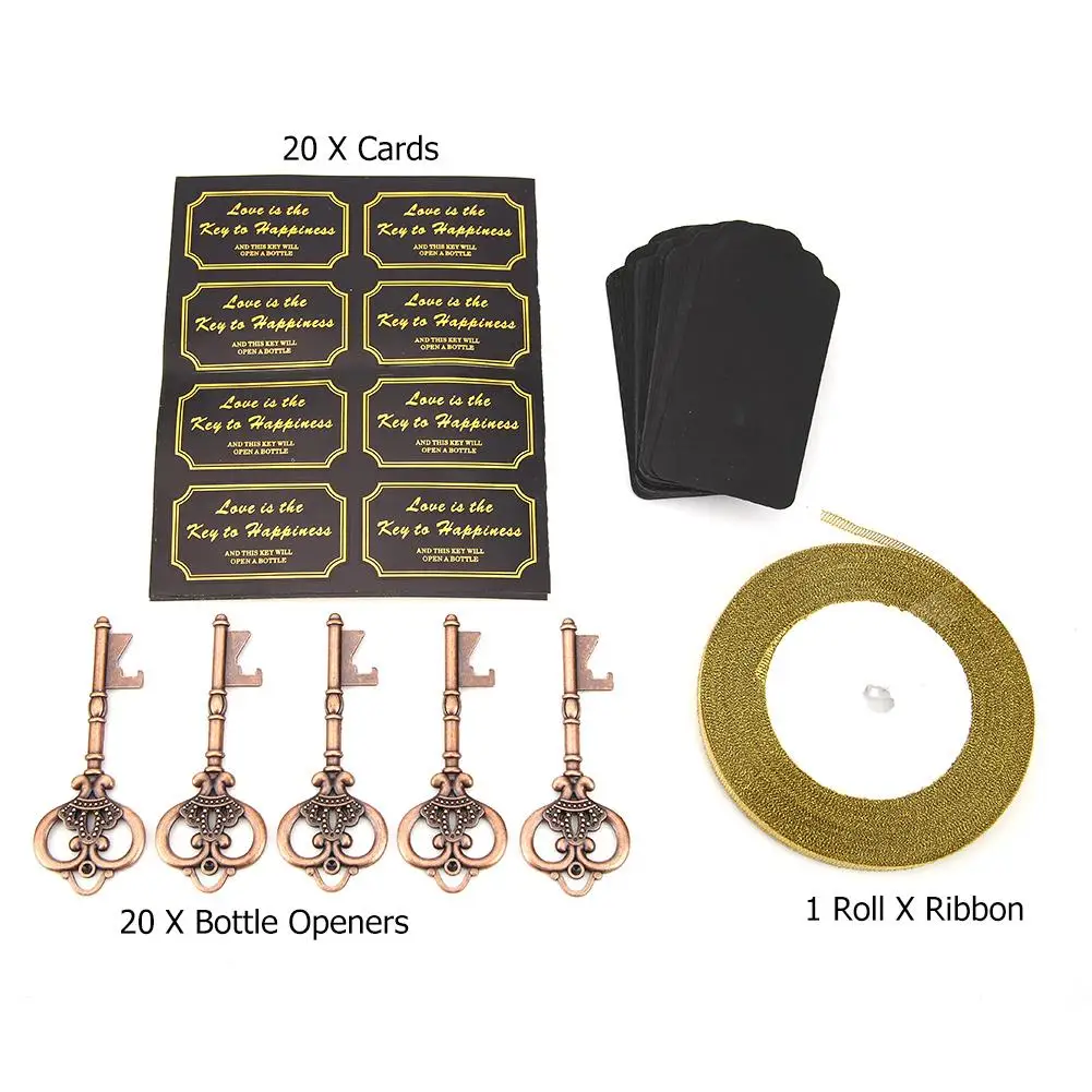 

20pcs Retro Key Shaped Bottle Opener with Tags Ribbons Zinc Alloy Pendent for Wedding Party Decorative Accessories