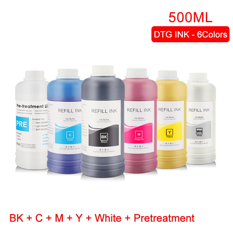 500 мл/набор чернила DTG текстильные чернила для одежды для Epson DX5 DX7 R330 1390 1400 R1900 R2000 F2000 F2100(BK C M Y белая предварительная обработка - Цвет: BK C M Y WH Pretreat