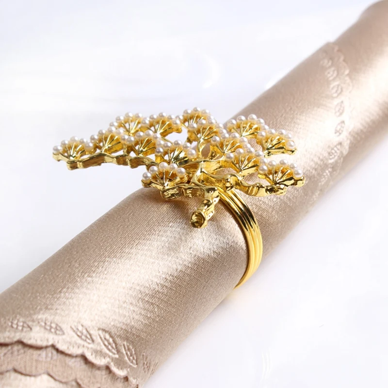 

6Pcs/Lot Pearl Pine Tree Napkin Buckle Zinc Alloy Napkin Ring Western Table Decoration Gold Pearl Napkin Ring