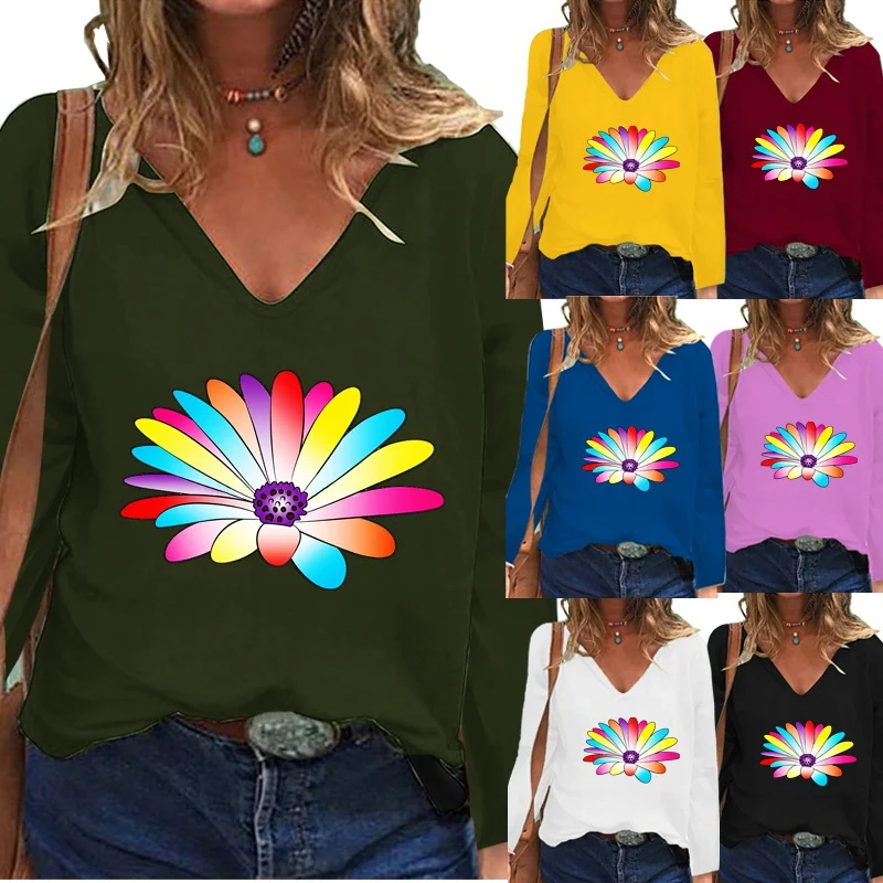 

Женская свободная рубашка с длинным рукавом, Повседневная Однотонная рубашка с цветочным принтом и глубоким V-образным вырезом, весна-осень