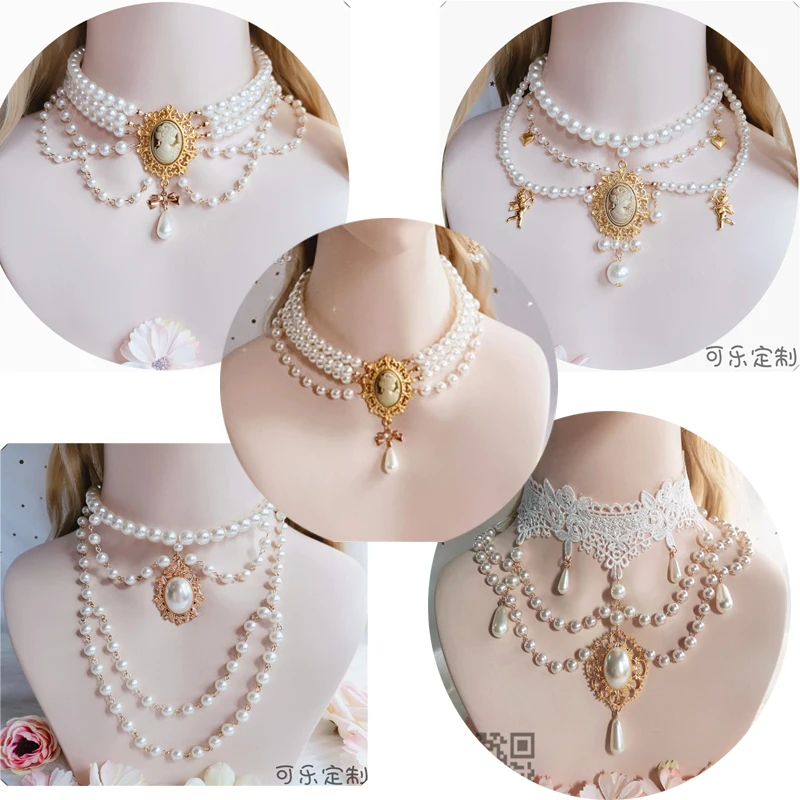 

Handmade Palace Style Vintage Lolita Choker Flower water-drop Mori Girl Style Multilayer Pearl Gem Necklace Baroque Cosplay