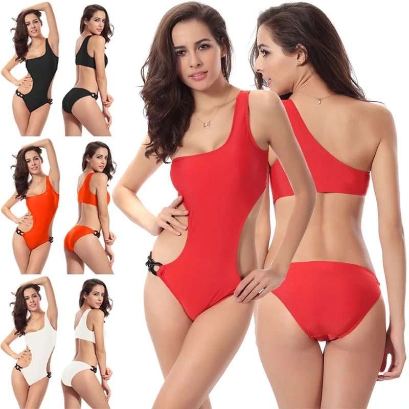 

New 4-color One-shoulder One-piece Swimsuit Waist Adjustable Six-ring Design Swimwear Beachwear for Women Female Dropship