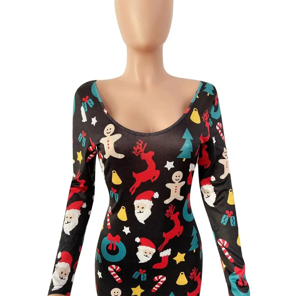 

Santa Claus Print Christmas Dress Women Elegant Off Shoulder Long Sleeve Bodycon Midi Dress Casual Black Long Dress Vestidos