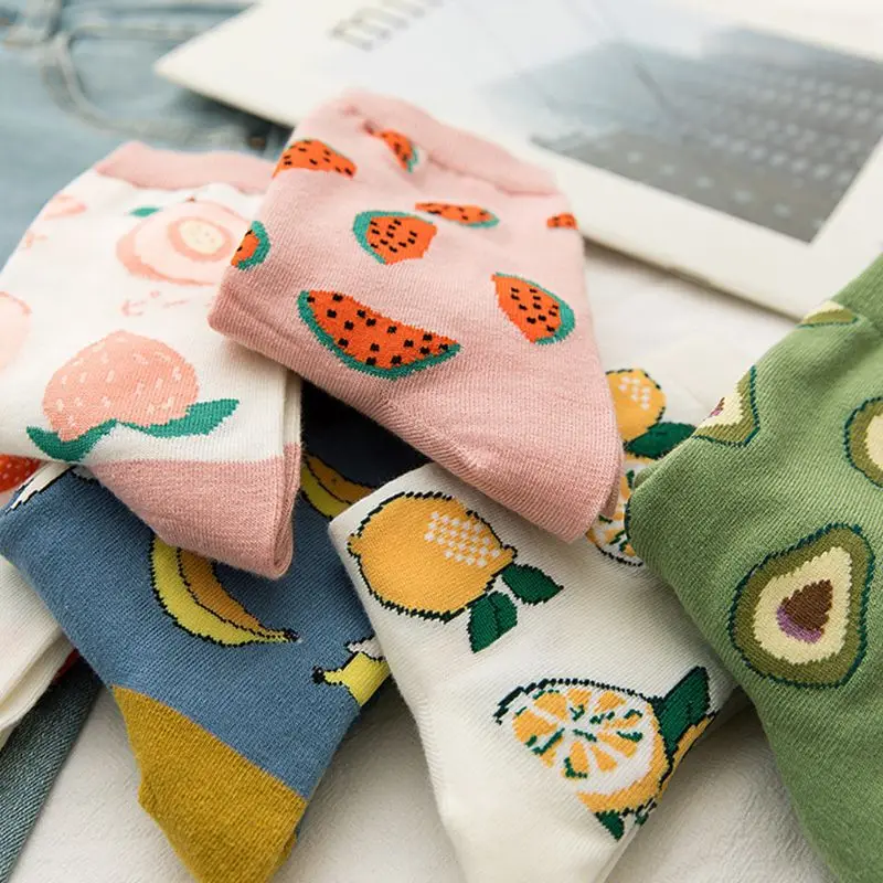 

Japanese College Style Women Cotton Ankle Socks Sweet Candy Color Peach Avocado Fruits Printed Summer Street Mid Tube Hosiery